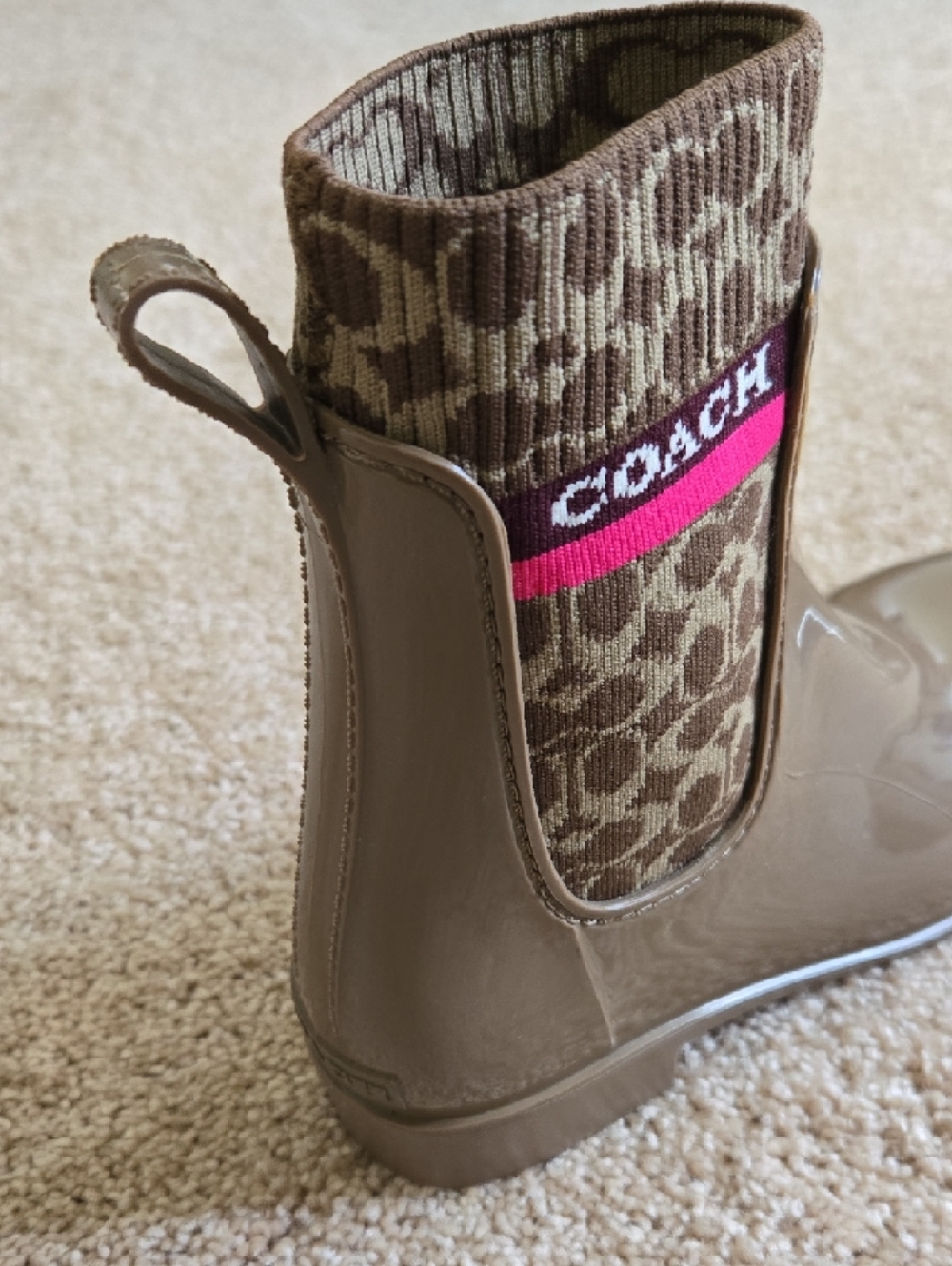 Coach Taupe Glossy Rain Ankle Boots with Pink Stripe - Picture 4 of 6